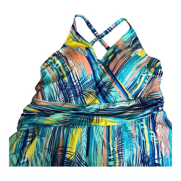 Denim & Co. Beach V-Neck Ruched Waist Swim Dress 22W A634759 Blue Stripe Palm - Picture 8 of 15